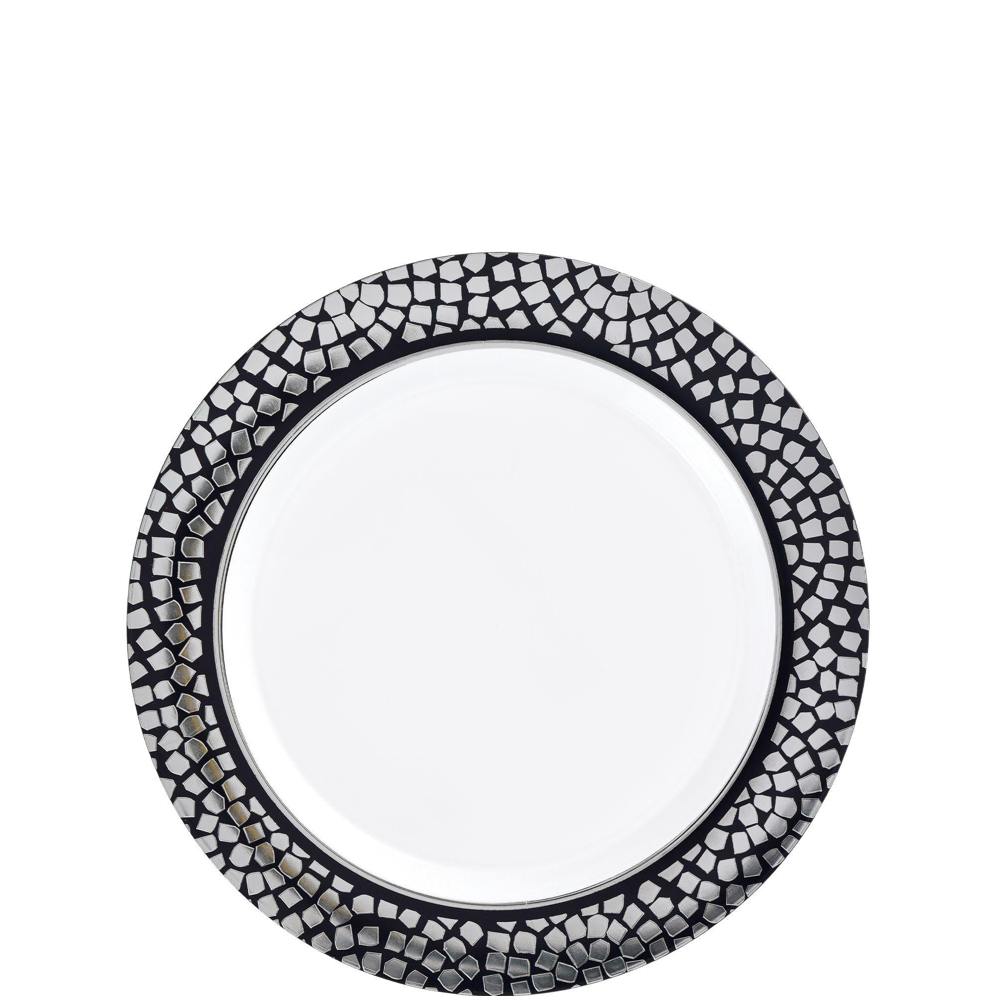 White With Silver Mosaic Rim Premium Plastic Dessert Plates, 7.5in, 20ct